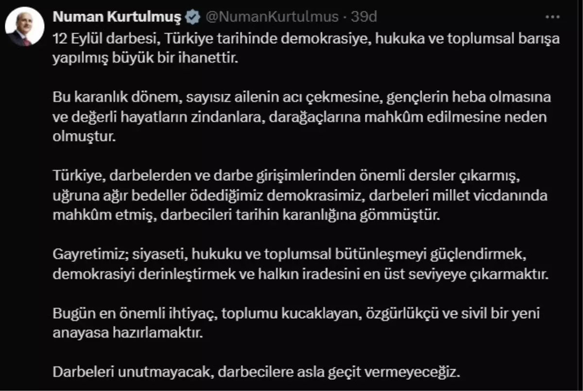 TBMM Başkanı Kurtulmuş: 12 Eylül Darbesi Büyük Bir İhanettir