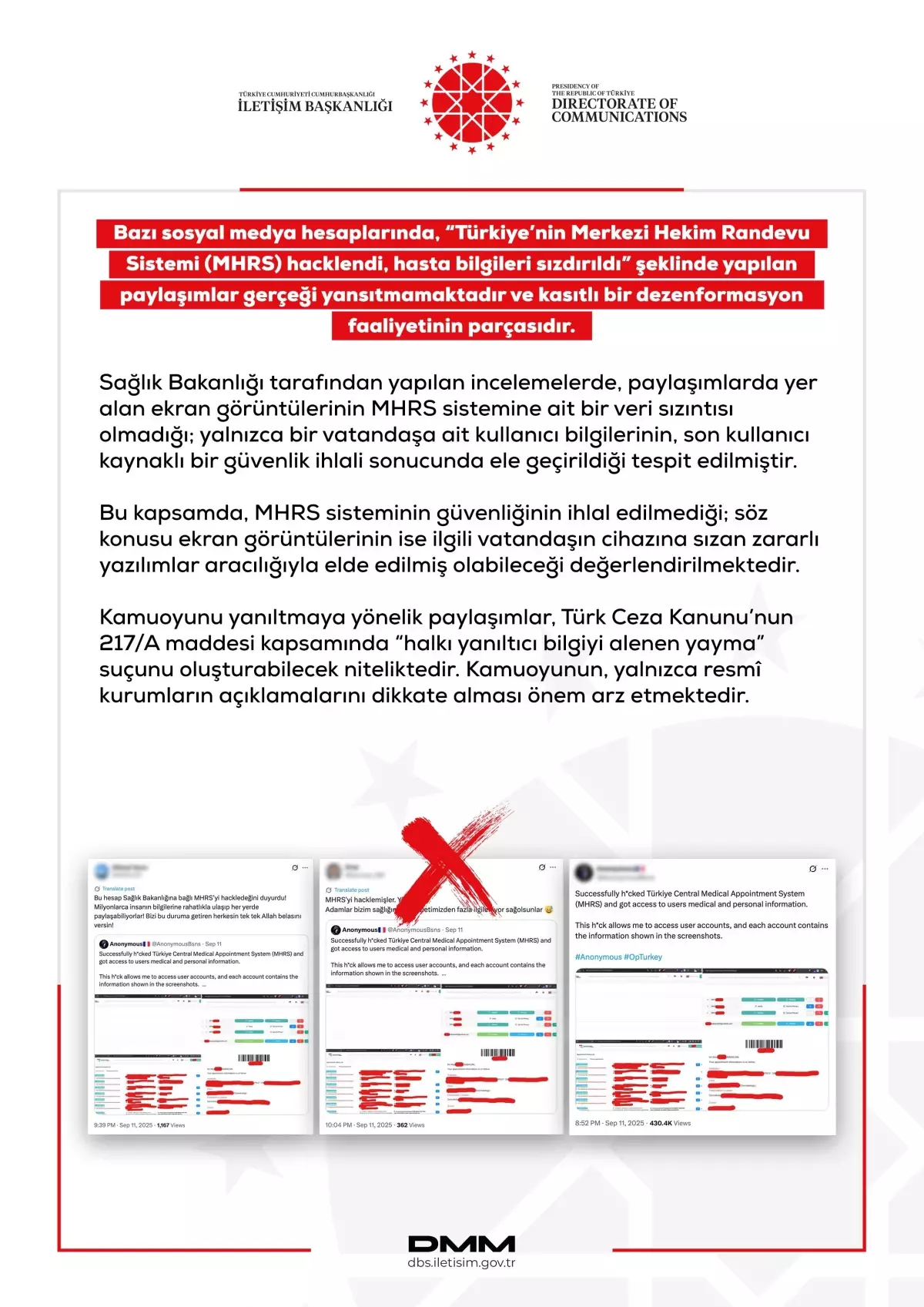 MHRS Sistemi Hakkında Dezenformasyon Açıklaması