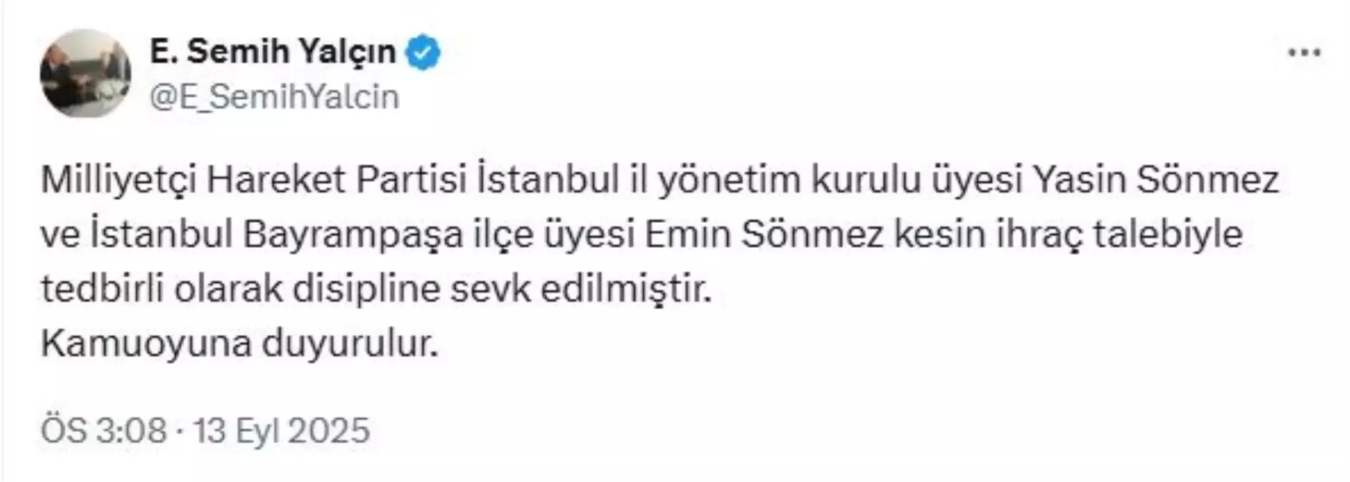 MHP'de İhraç Talebi: Yasin ve Emin Sönmez Disipline Sevk Edildi
