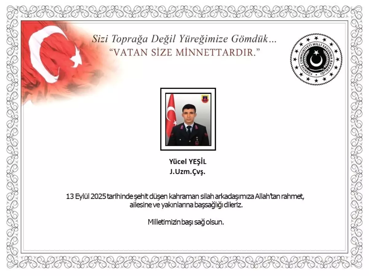 MSB'den şehit Uzman Çavuş Yücel Yeşil için başsağlığı mesajı