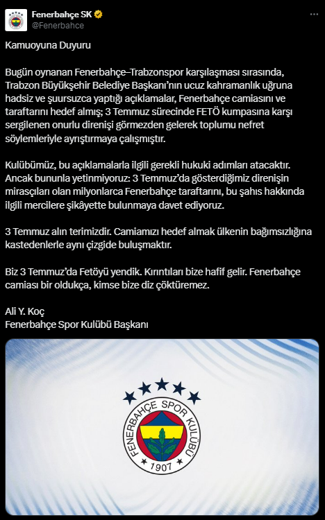 Ali Koç'tan Trabzon Belediye Başkanı'na gece yarısı yanıt: FETÖ kırıntıları bize hafif gelir