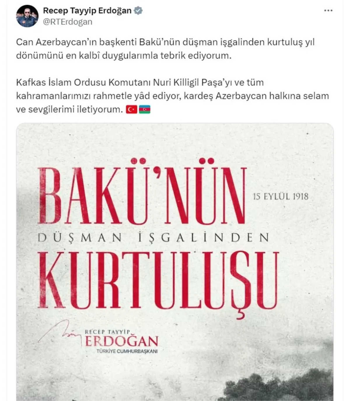 Cumhurbaşkanı Erdoğan, Bakü'nün Kurtuluş Yıl Dönümünü Kutladı
