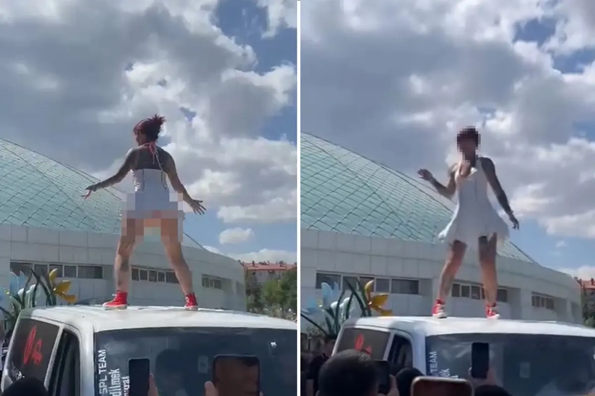 Bu nasıl fuar? Kadını onlarca erkeğin gözü önünde aracın üstüne çıkarıp...
