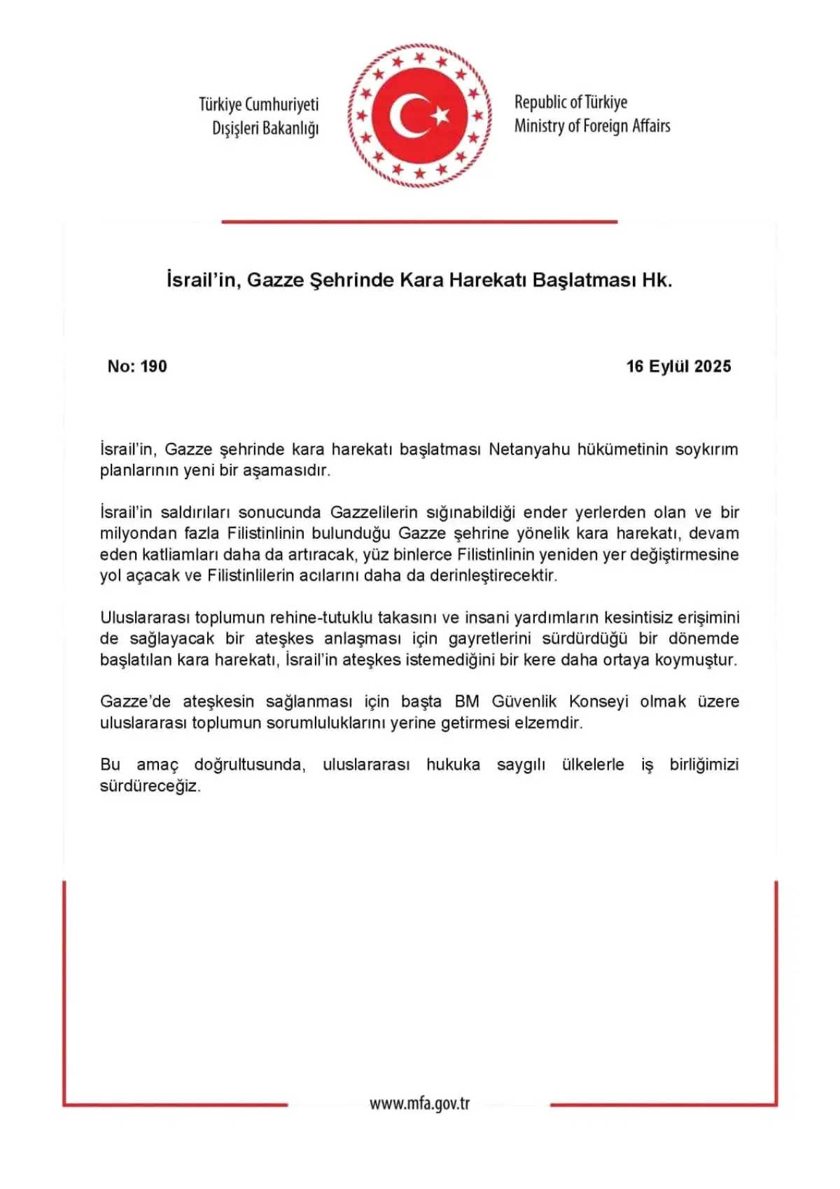 Dışişleri Bakanlığı'ndan İsrail'in Gazze Kara Harekatına Sert Tepki