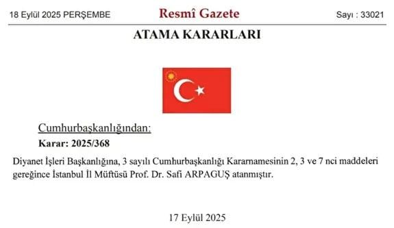 Prof. Dr. Safi Arpaguş has been appointed as the Istanbul Mufti to the Presidency of Religious Affairs