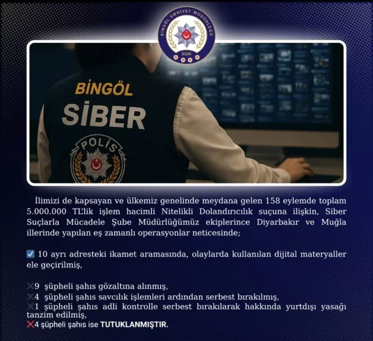 Bingöl Merkezli Dolandırıcılık Operasyonu: 9 Gözaltı, 4 Tutuklama
