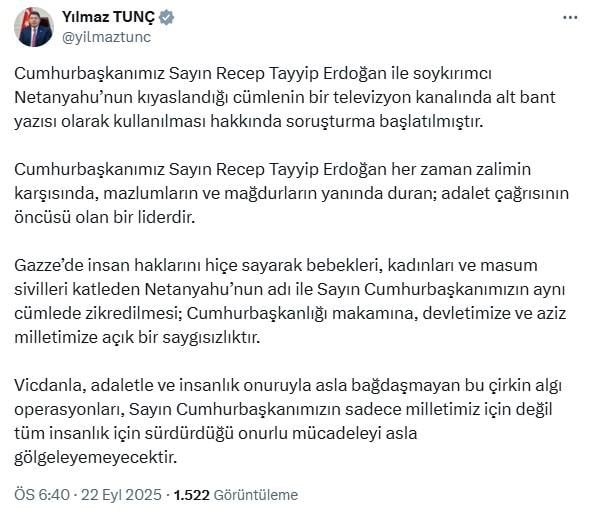Investigation into the scandalous caption related to Erdoğan broadcasted on the television channel