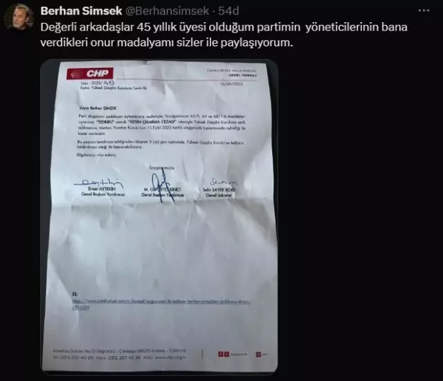 CHP referred Berhan Şimşek to disciplinary action with a request for his expulsion