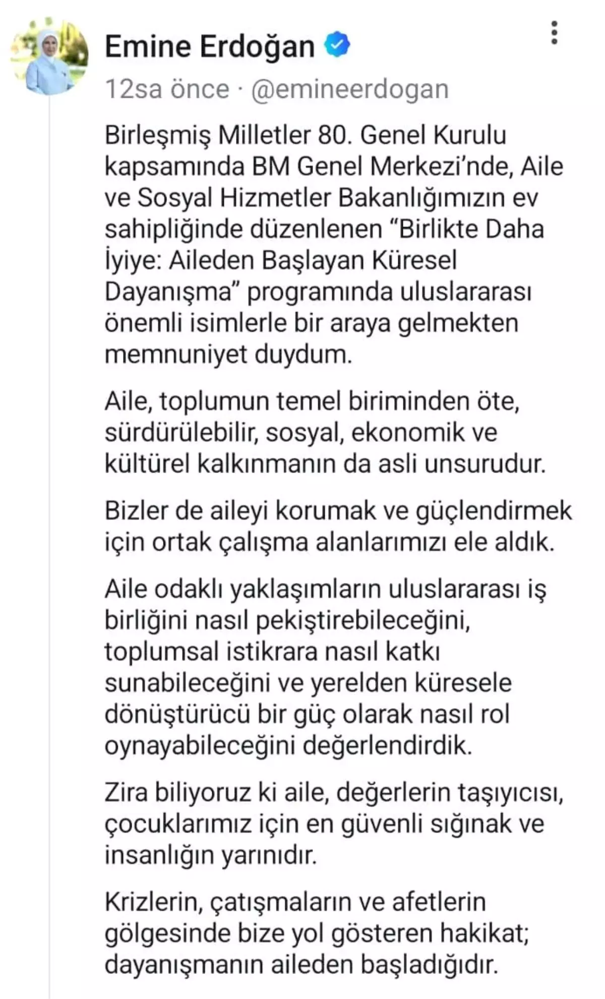 Emine Erdoğan'dan 'Birlikte Daha İyiye: Aileden Başlayan Küresel Dayanışma' etkinliğine ilişkin paylaşım