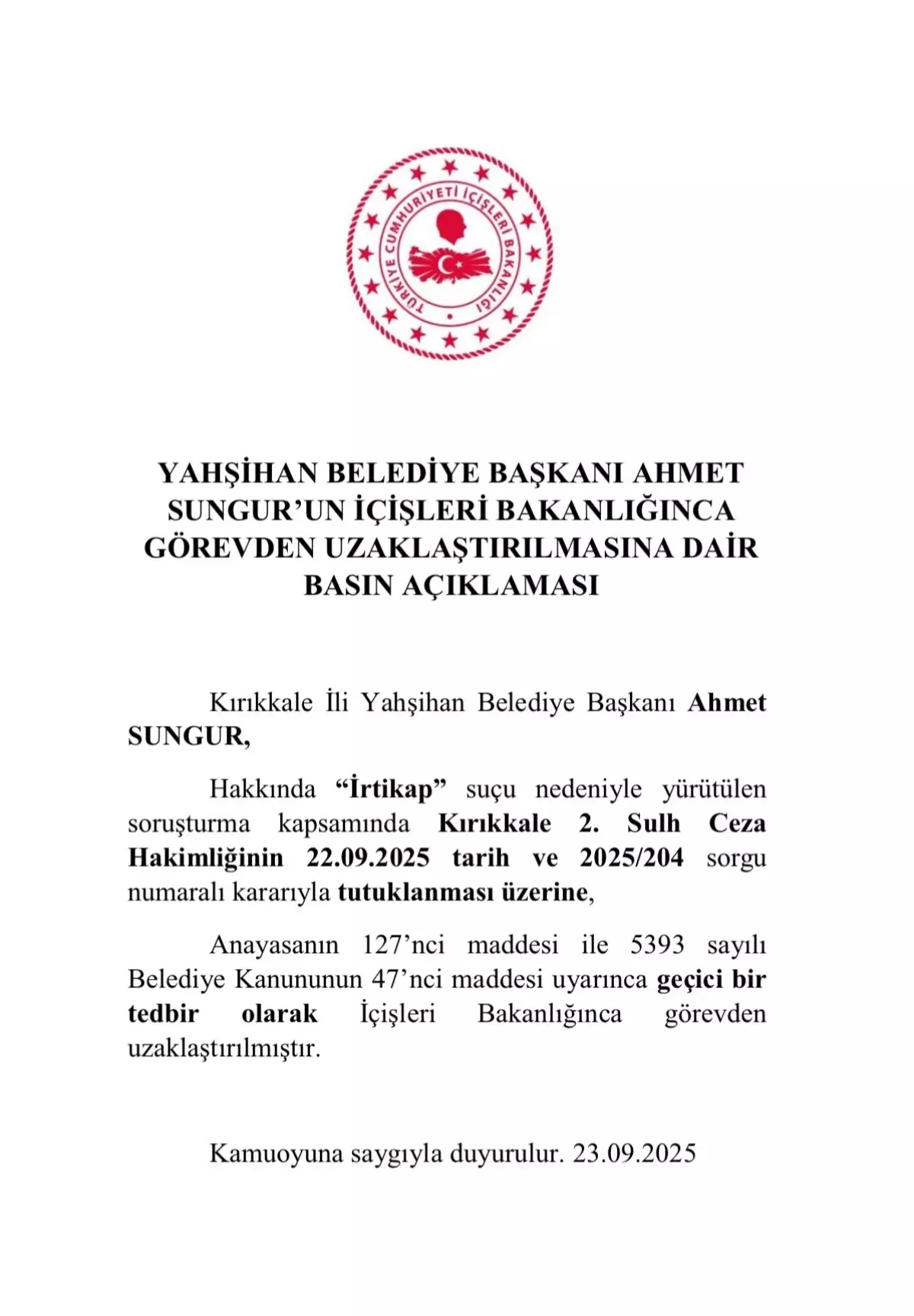 Yahşihan Belediye Başkanı Ahmet Sungur Görevden Uzaklaştırıldı