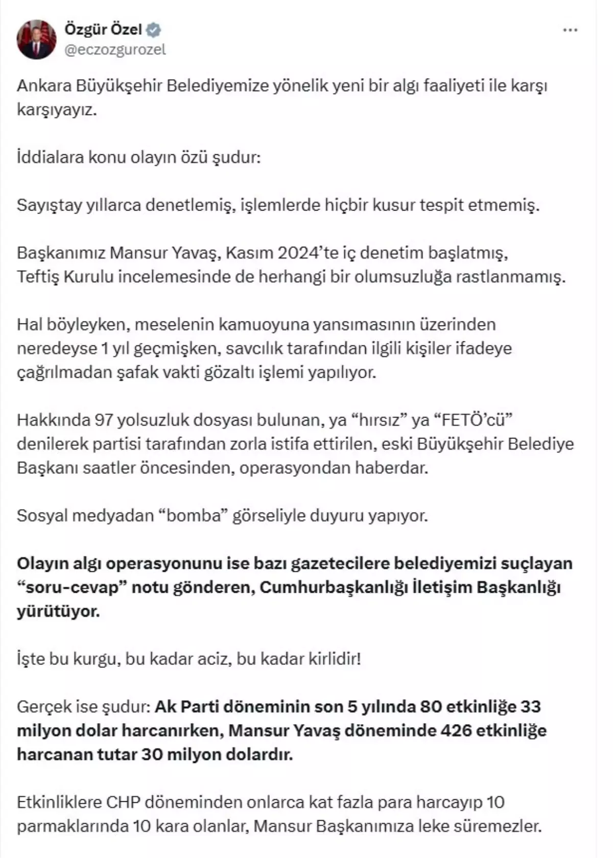 CHP Genel Başkanı Özgür Özel'den Mansur Yavaş'a Destek