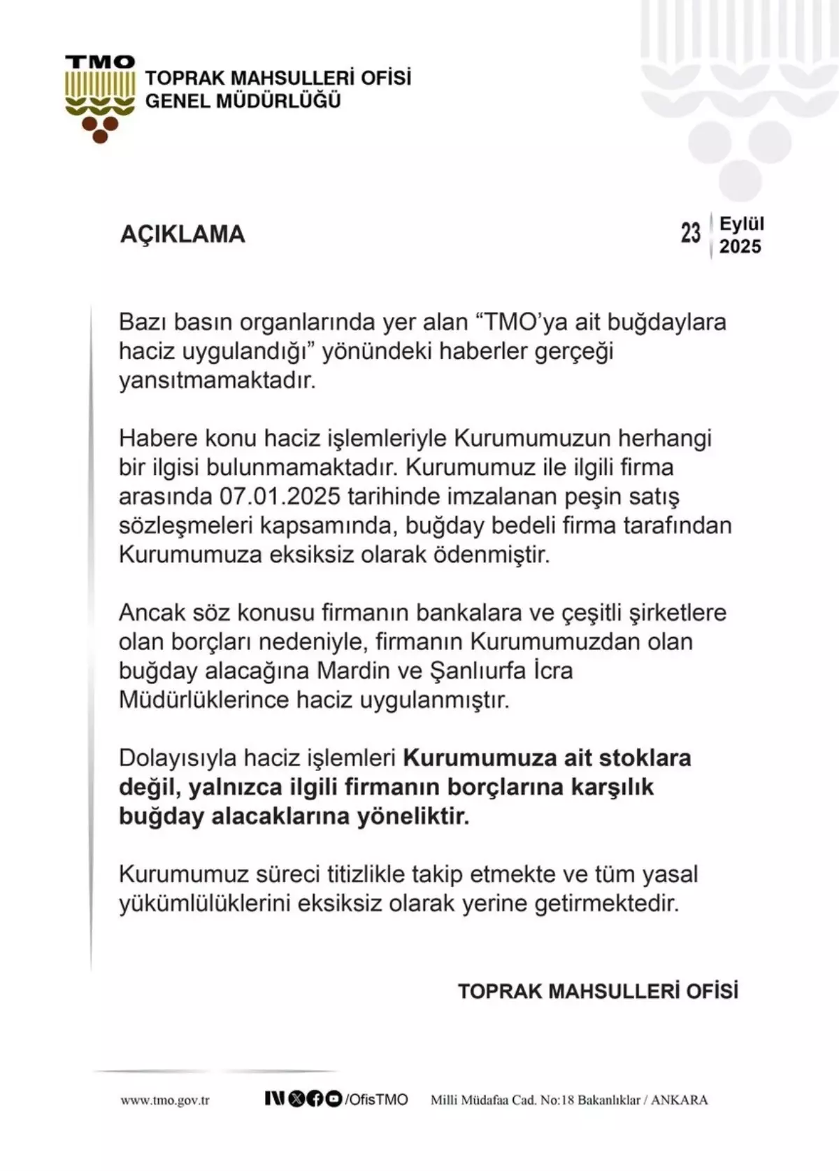 TMO Haciz İddialarını Yalanladı