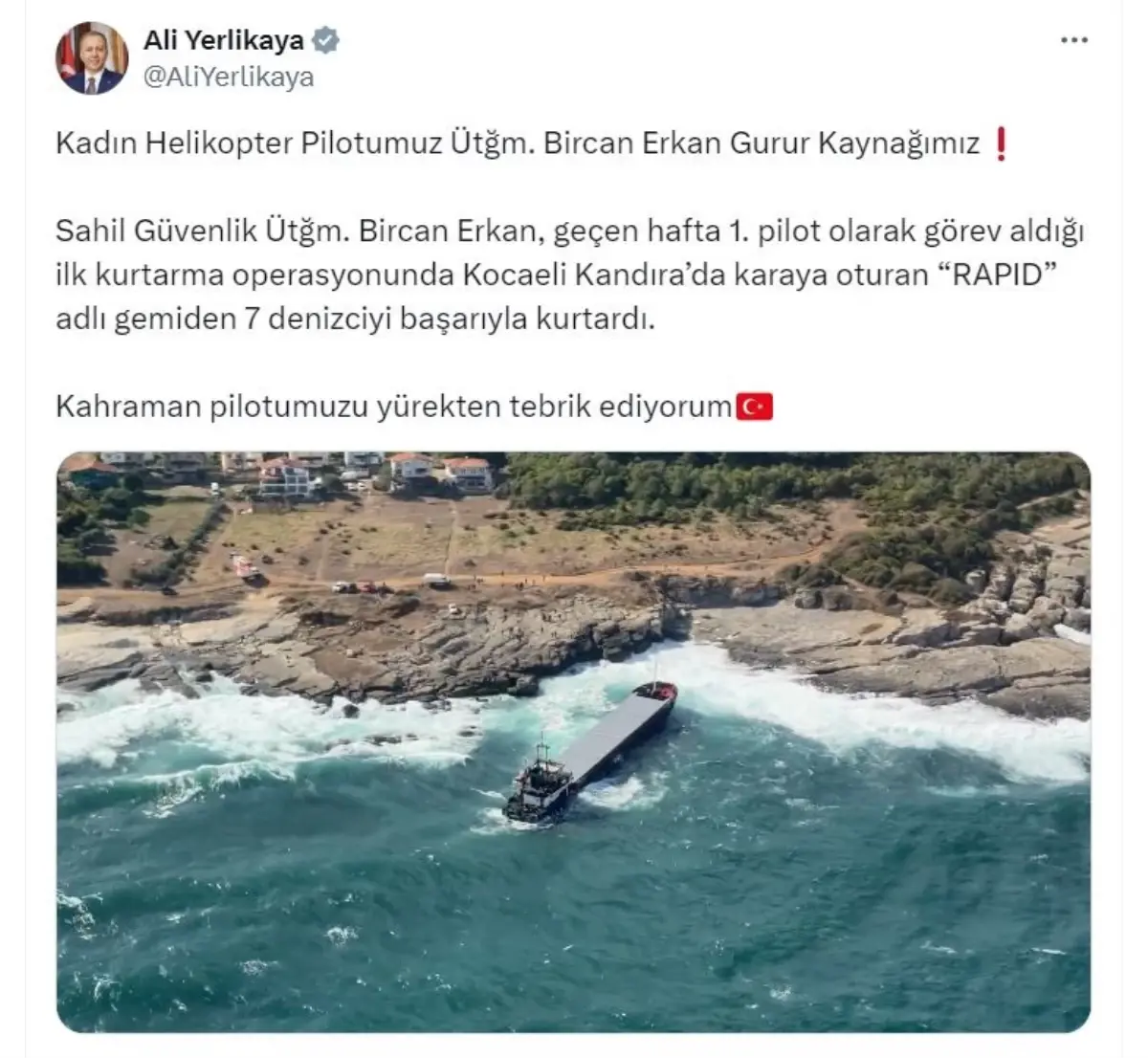 Bakan Yerlikaya'dan Üsteğmen Bircan Erkan'a Tebrik