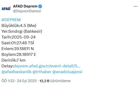 Earthquake measuring 4.5 in Balıkesir Sındırgı