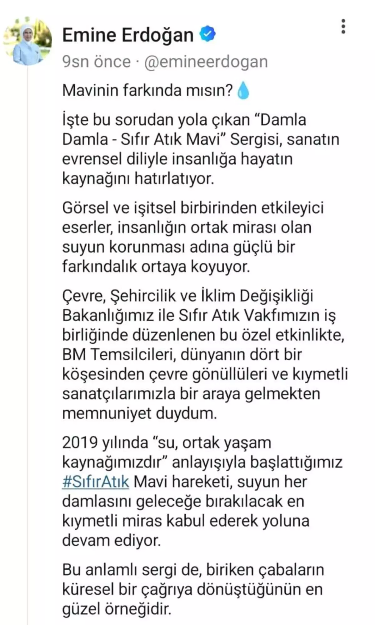 Emine Erdoğan'dan New York'ta açılan 'Sıfır Atık Mavi-Damla Damla' sergisine ilişkin paylaşım