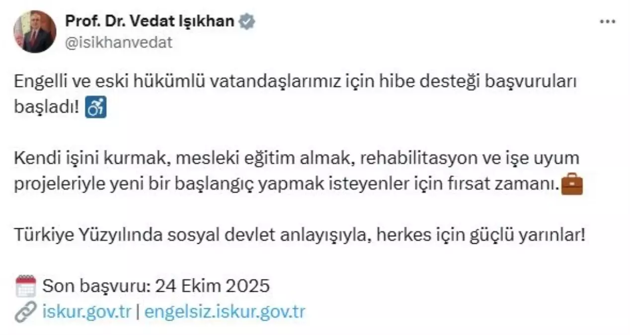Engelli ve Eski Hükümlü Vatandaşlar İçin Hibe Desteği Başvuruları Başladı