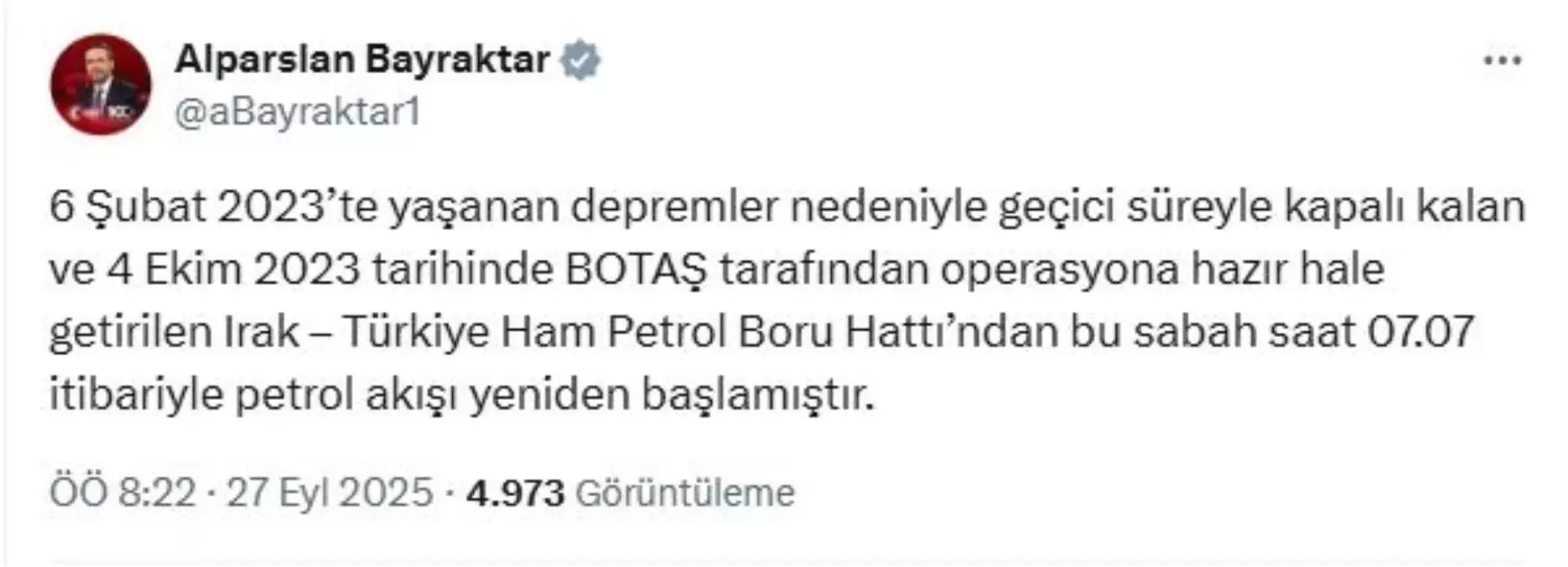Irak-Türkiye Ham Petrol Boru Hattı'nda Petrol Akışı Yeniden Başladı