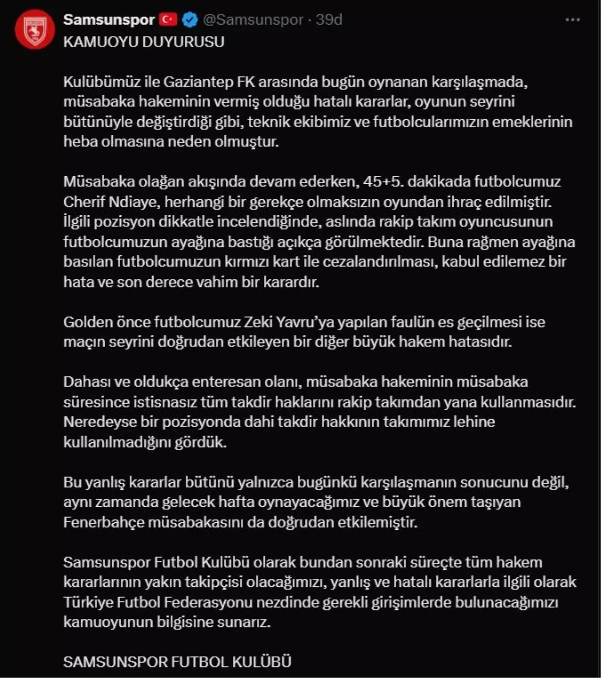 Samsunspor'dan Hakem Hatalarına Sert Tepki