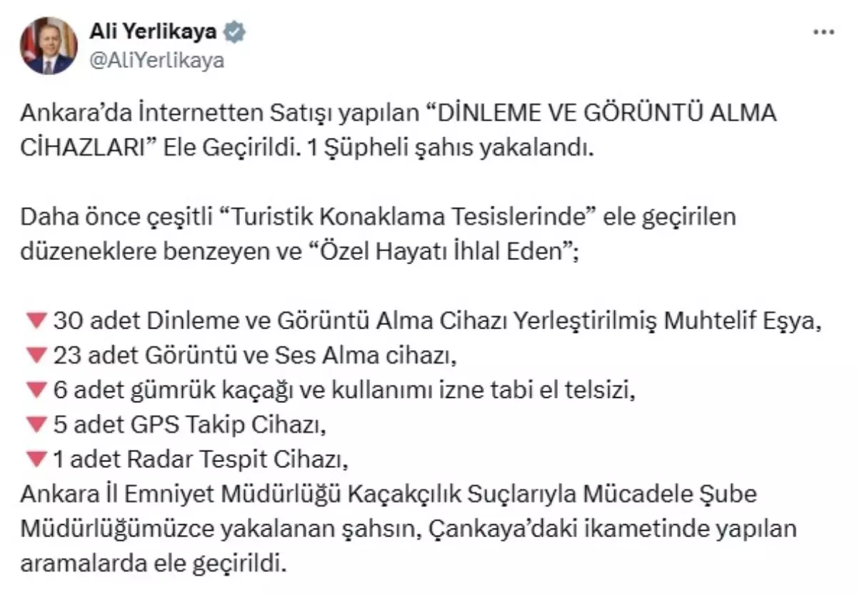 Ankara'da İnternetten Dinleme Cihazı Satan Şüpheli Yakalandı