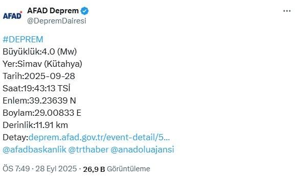 Kütahya shook this time with a 4 magnitude earthquake