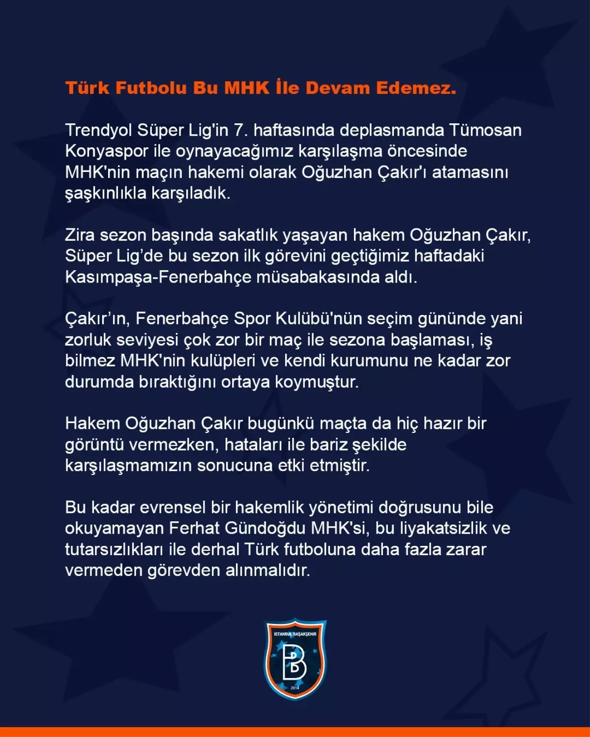RAMS Başakşehir FK'dan MHK'ye Eleştiriler