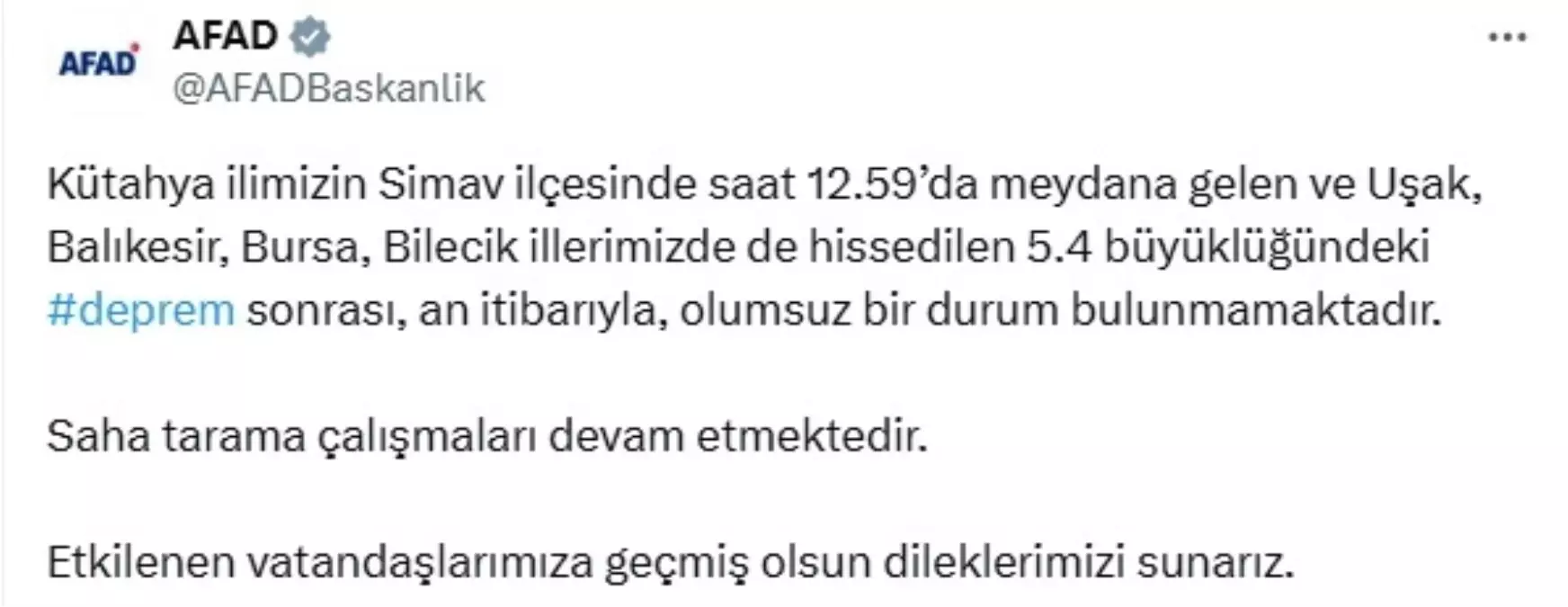 Kütahya'da 5.4 Büyüklüğünde Deprem: Olumsuz Bir Durum Bulunmuyor