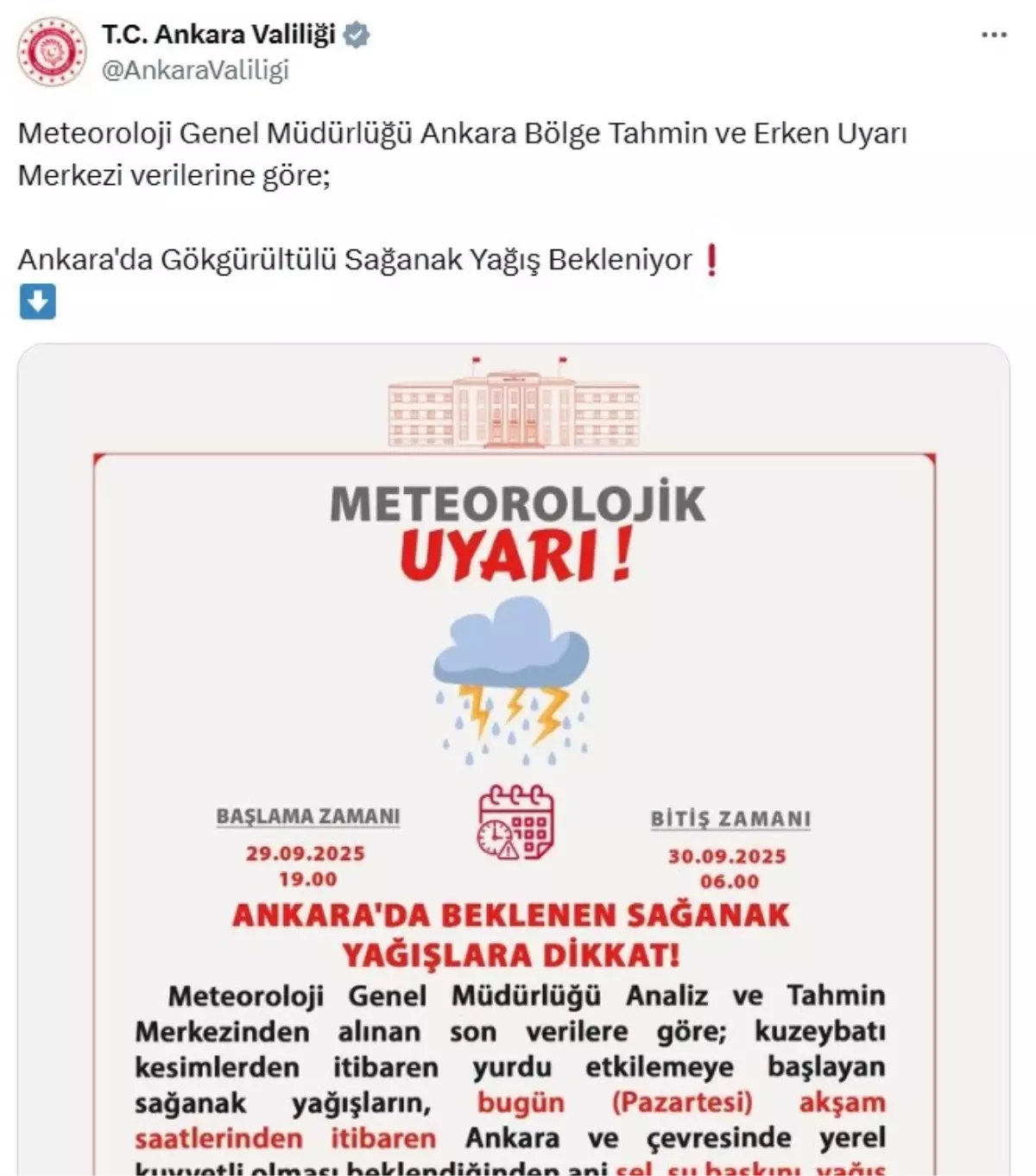 Ankara Valiliği'nden Sel ve Su Baskınları Uyarısı