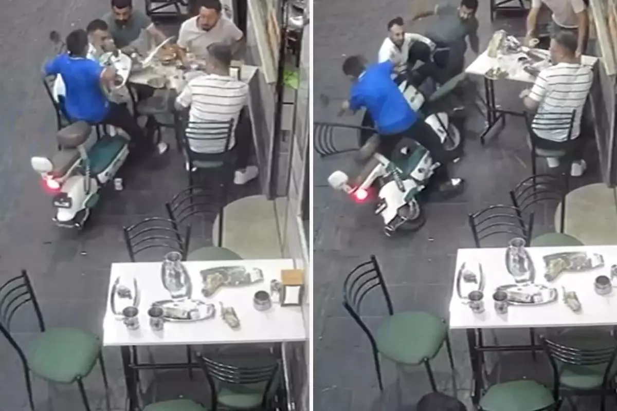 Elektrikli bisikletiyle, yemek yiyenlerin arasına daldı
