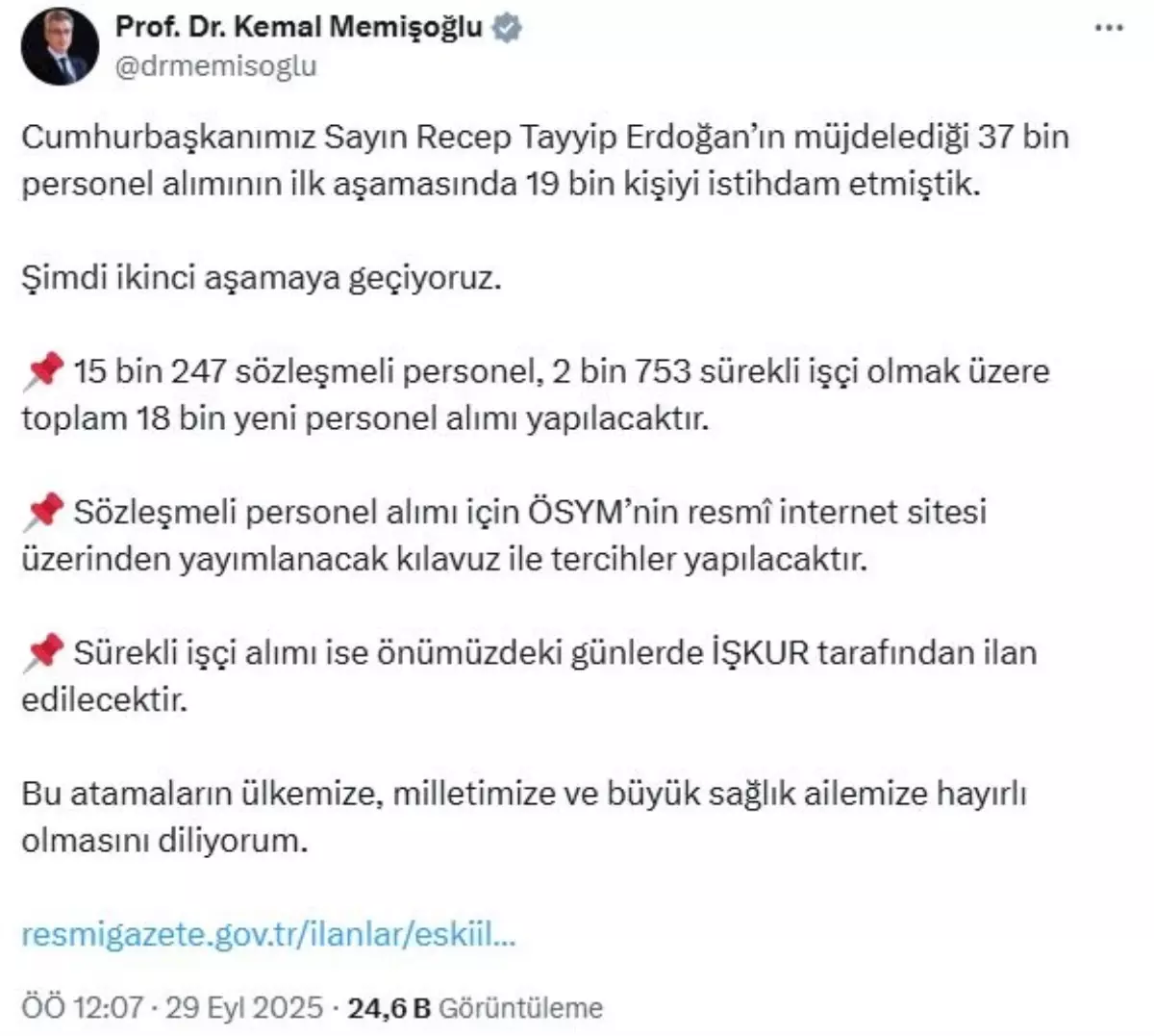 Sağlık Bakanı Memişoğlu'ndan 18 Bin Yeni Personel Alımı Müjdesi