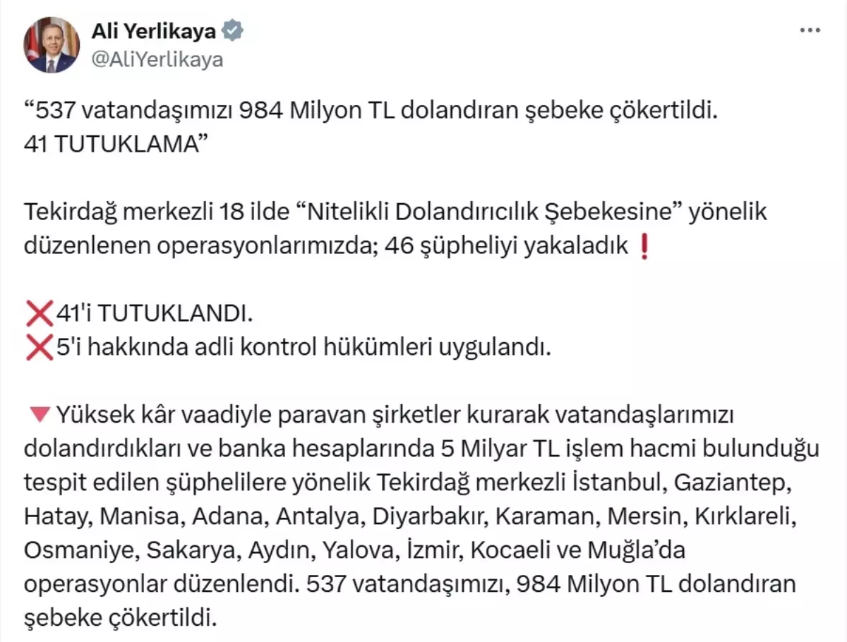 Dolandırıcılık Şebekesine Operasyon: 46 Gözaltı, 41 Tutuklama