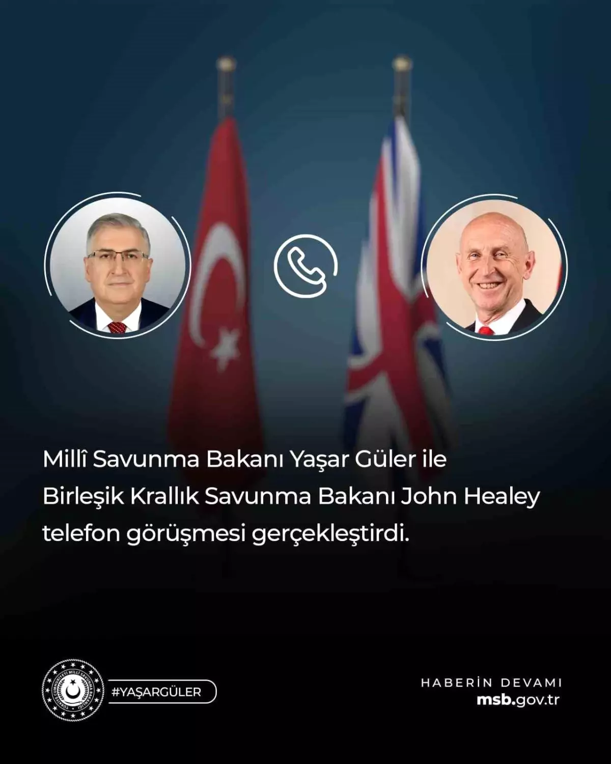Milli Savunma Bakanı Güler ile Birleşik Krallıklı Meslektaşı Healey Telefon Görüşmesi Gerçekleştirdi