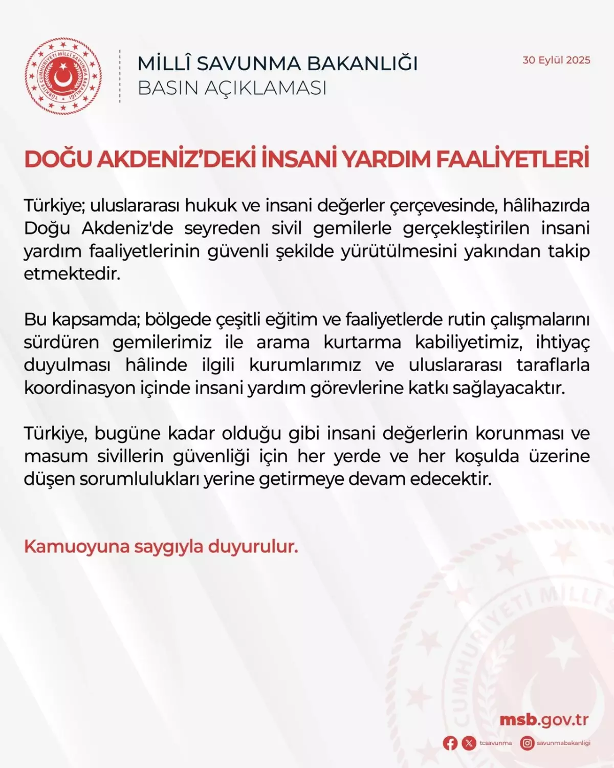 Türkiye, Doğu Akdeniz'de İnsani Yardım Faaliyetlerine Devam Ediyor