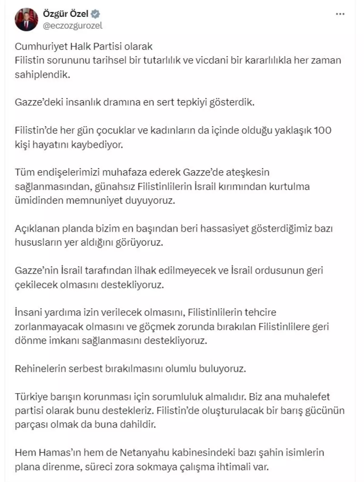 CHP Genel Başkanı Özgür Özel'den Filistin Barış Planı Açıklaması