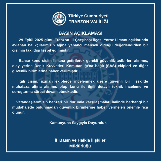 An unmanned underwater vehicle loaded with explosives was found in Trabzon