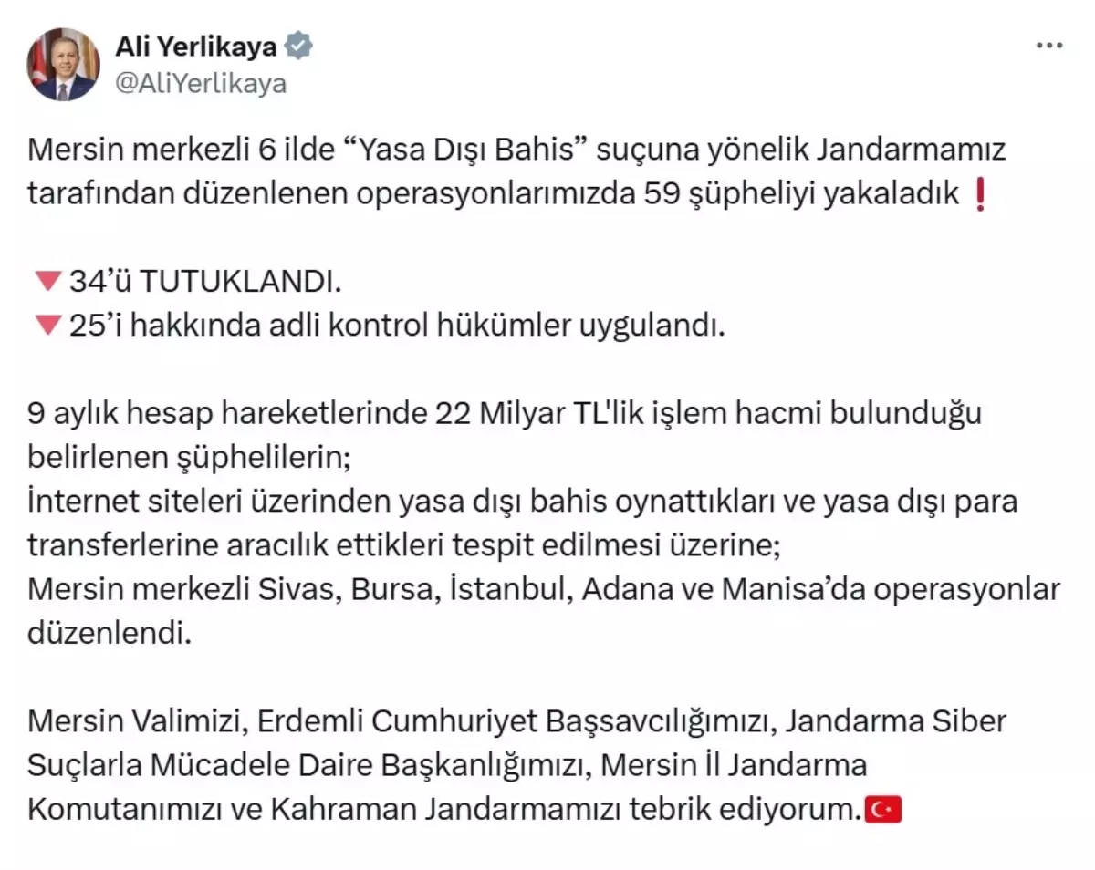 Mersin Merkezli Yasa Dışı Bahis Operasyonu: 59 Gözaltı, 34 Tutuklama