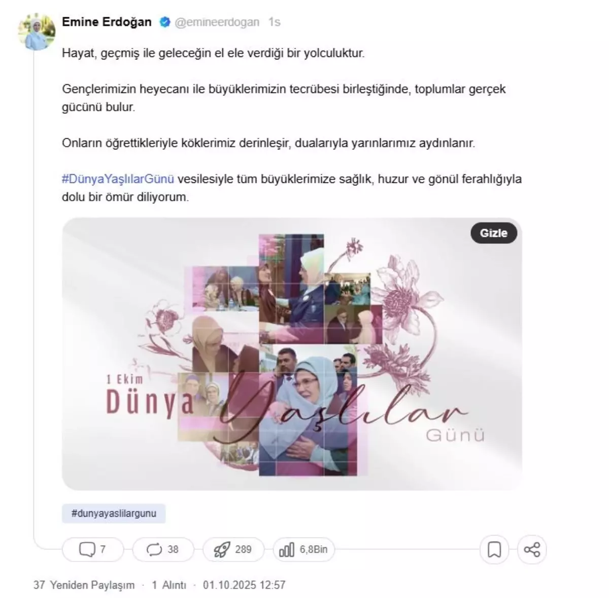 Emine Erdoğan'dan Dünya Yaşlılar Günü Mesajı