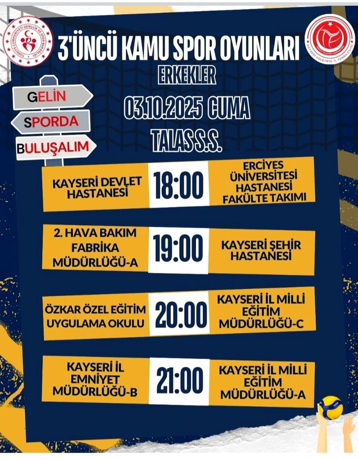 Kayseri'de Kamu Spor Oyunları Voleybol Müsabakalarının Fikstürü Açıklandı