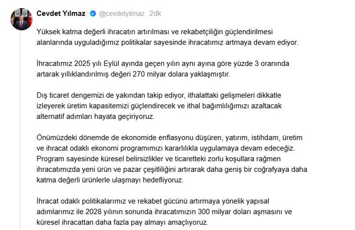 Cumhurbaşkanı Yardımcısı Yılmaz, İhracat Hedeflerini Açıkladı