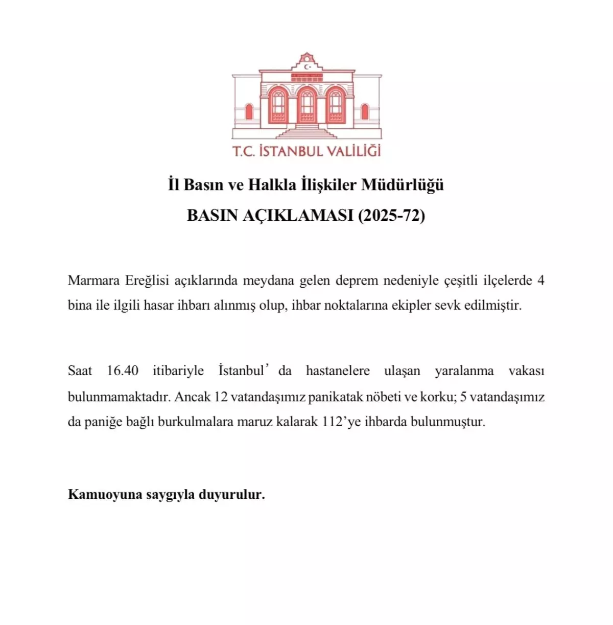 Marmara'da 5 Büyüklüğünde Deprem: İstanbul Valiliği'nden Açıklama