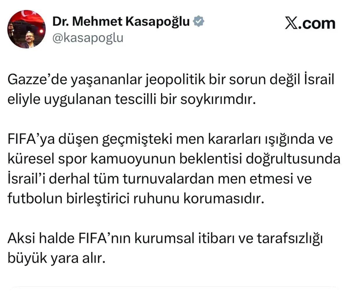 Eski Bakan Kasapoğlu'ndan FIFA Başkanı Infantino'ya Tepki