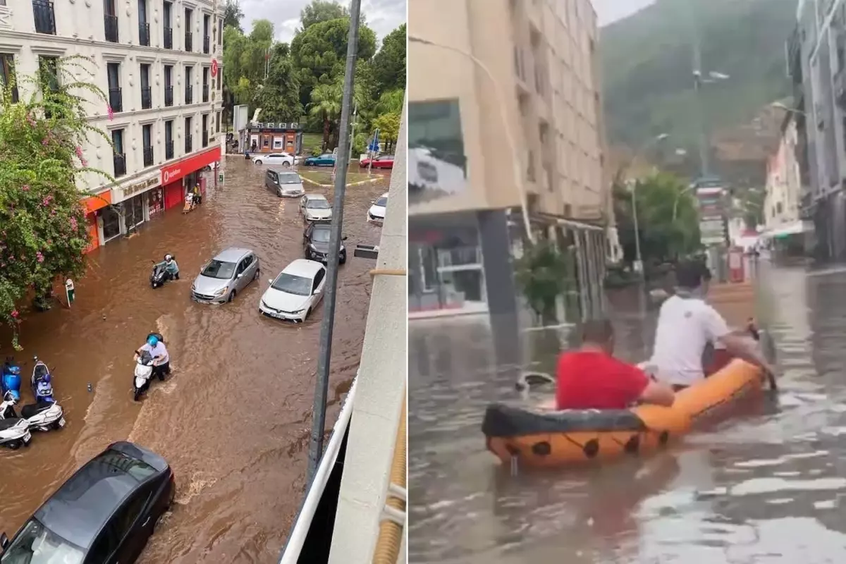 Muğla'da sel! Yollar ve dükkanları su bastı, vatandaşlar botlarla tahliye ediliyor