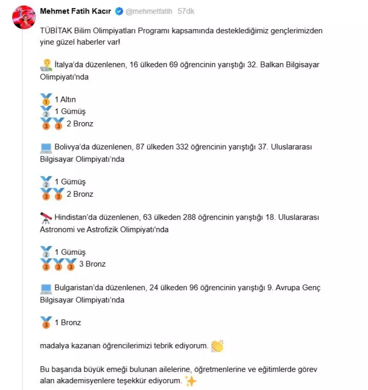 Bakan Kacır'dan Madalya Kazanan Öğrencilere Tebrik