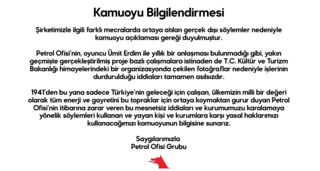 Response from Petrol Ofisi to Ümit Erdim's claim about Bilal Erdoğan