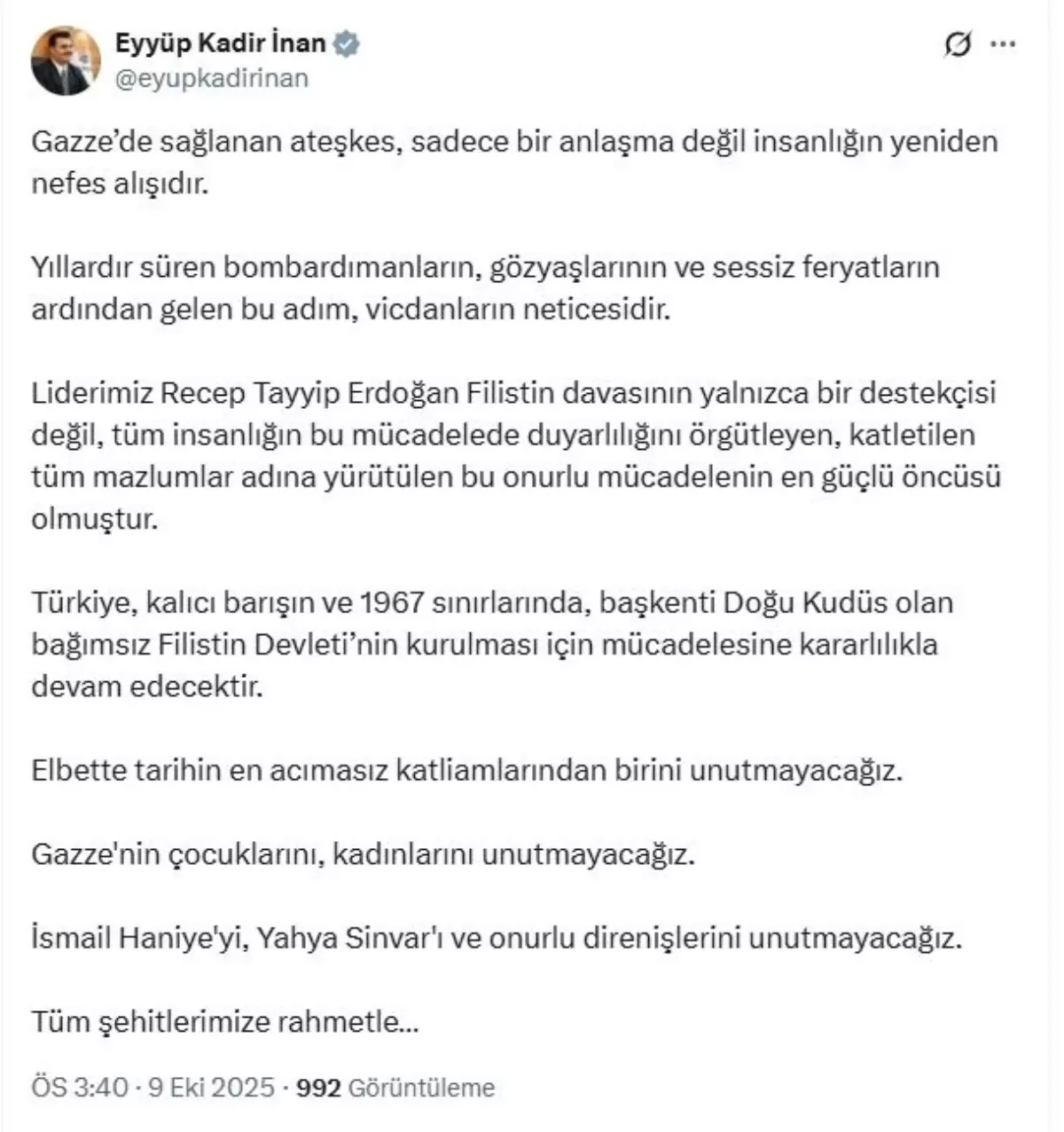 AK Parti Genel Sekreteri İnan: Türkiye, Filistin devletinin kurulması için mücadelesine devam edecek
