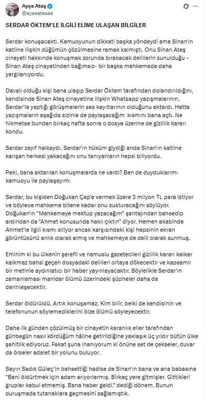 New statement from Ayşe Ateş: Serdar was going to speak