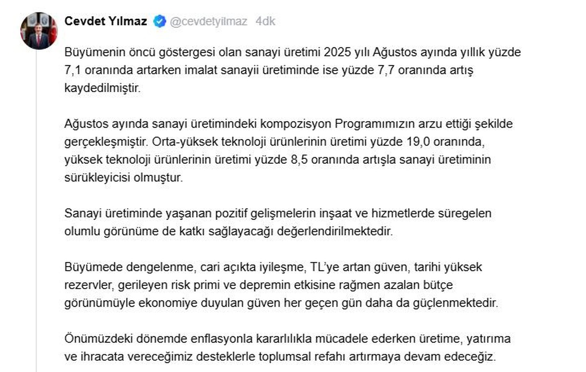 Sanayi Üretimi Ağustos'ta Yüzde 7,1 Arttı
