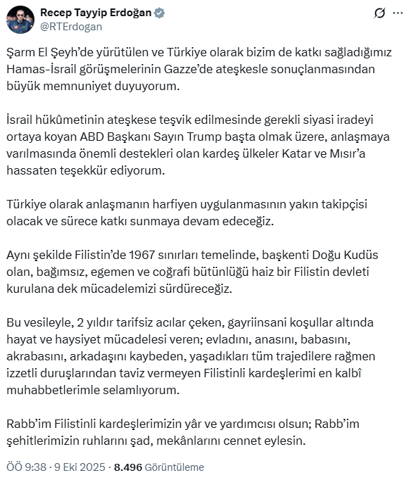 Erdoğan's first comment on the ceasefire in Gaza! Thanked 2 countries