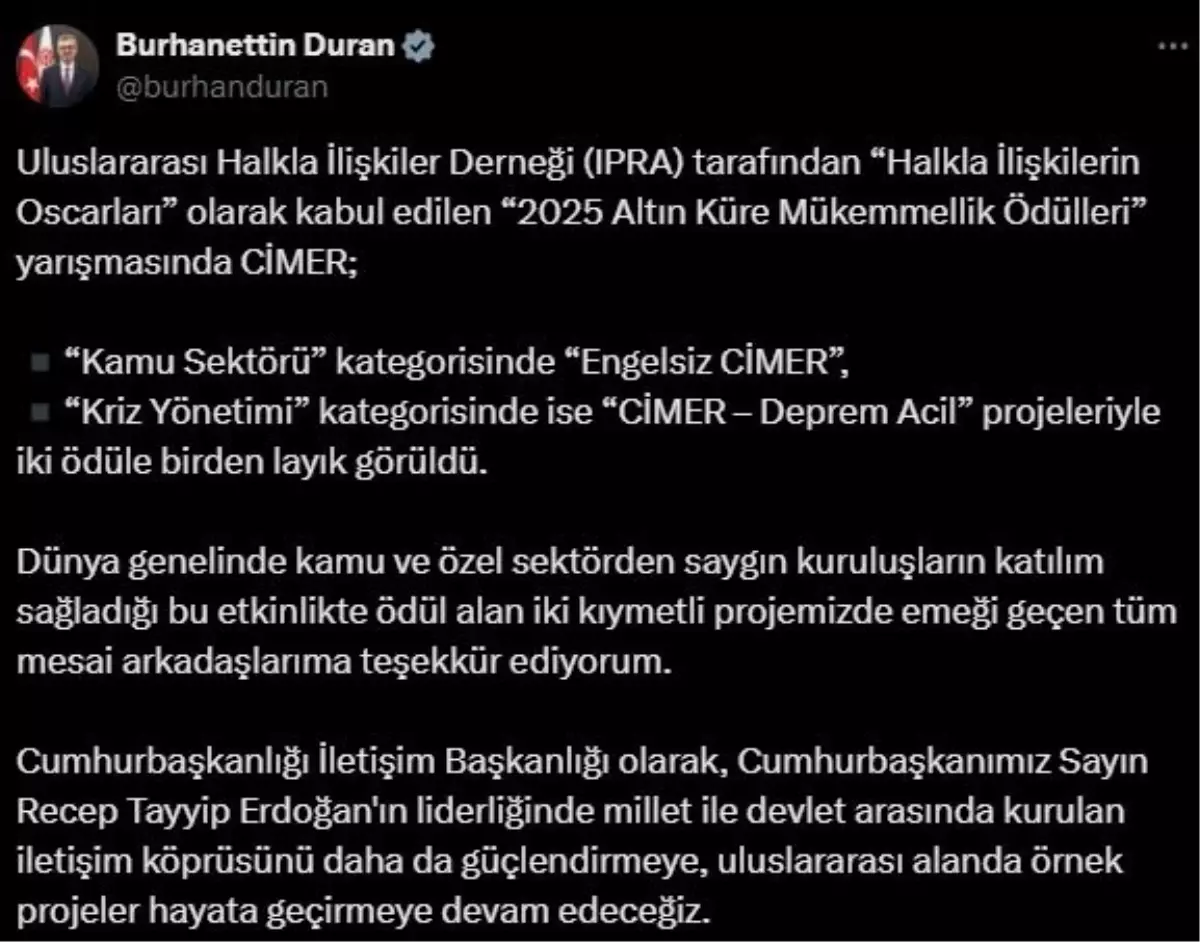 Cumhurbaşkanlığı İletişim Merkezi 2025 Altın Küre Mükemmellik Ödülleri'nde 2 ödül aldı