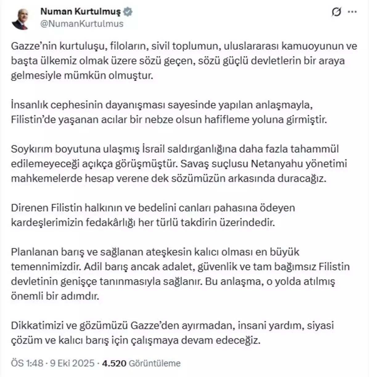TBMM Başkanı Kurtulmuş'tan Gazze'deki Ateşkes Açıklaması