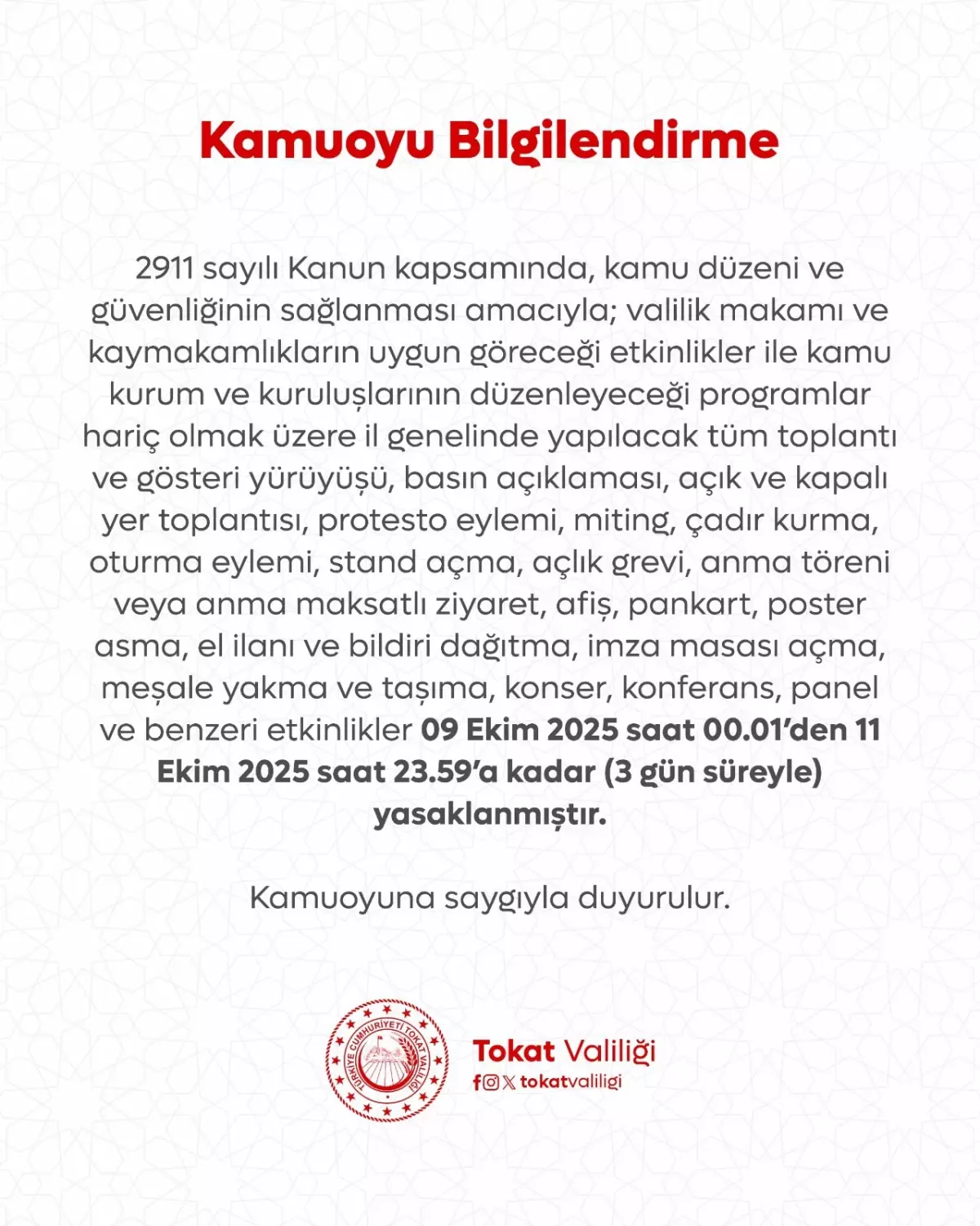 Tokat'ta Gösteri ve Eylemler 3 Gün Süreyle Yasaklandı